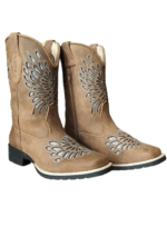 Bota Texana Feminina Bico Quadrado Bordado Laser - Floater Tabaco